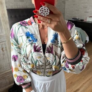Floral Women's Cropped Silk Like Floral Bomber Jacket X-Small